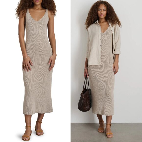 ALEX MILL Cara DRESS Size XL Sleeveless Midi Ribbed Knit Oatmeal Linen NEW $215 - Picture 1 of 11